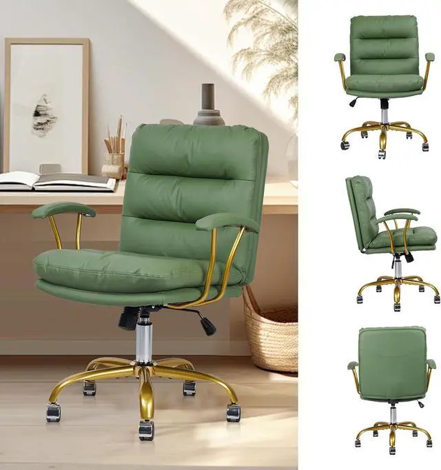 Alt view image 5 of 7 - Green and Gold Desk Chair Leather Home Office Chair with Padded Seat and Arms, Swivel Adjustable Height Computer Chair with Wheels for Living Room Girls Women Study Vanity
