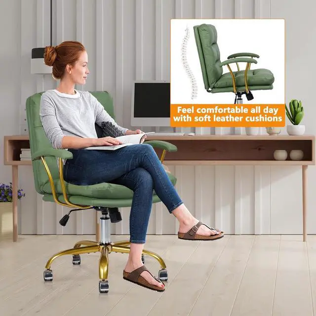 Alt view image 6 of 7 - Green and Gold Desk Chair Leather Home Office Chair with Padded Seat and Arms, Swivel Adjustable Height Computer Chair with Wheels for Living Room Girls Women Study Vanity