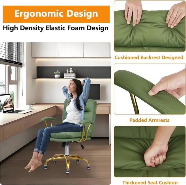 Alt view image 7 of 7 - Green and Gold Desk Chair Leather Home Office Chair with Padded Seat and Arms, Swivel Adjustable Height Computer Chair with Wheels for Living Room Girls Women Study Vanity