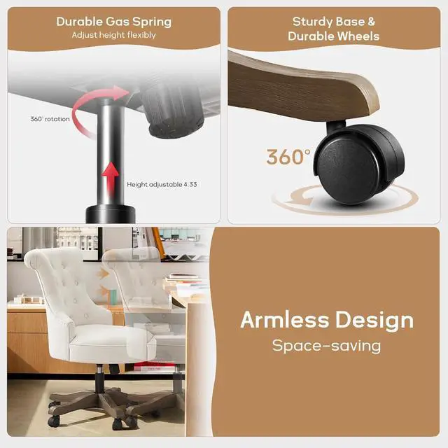 Alt view image 5 of 7 - HUIMO Home Office Chair Upholstered Armless Desk Chair with Wheels Adjustable Height Computer Desk Chair with Wooden Legs Comfortable Swivel Chair for Home Office Study Studio (Beige)