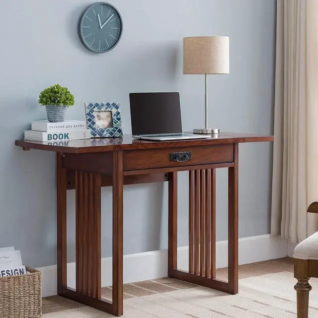 Alt view image 2 of 7 - Leick Home 82420 Mission Writing Computer Desk, Drop Leaf Folding Top, Made with Solid Wood, for Home Office Workstation, Mission Oak Finish