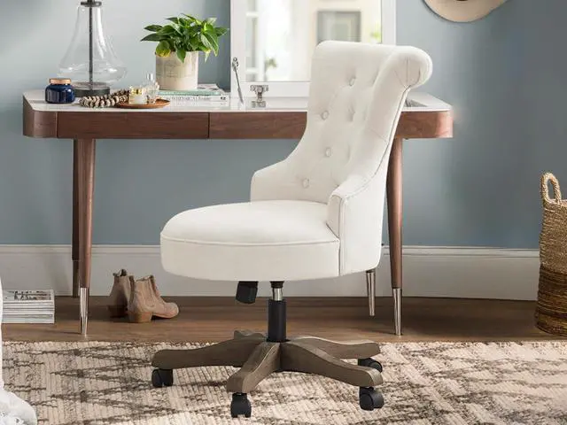 Alt view image 6 of 7 - HUIMO Home Office Chair Upholstered Armless Desk Chair with Wheels Adjustable Height Computer Desk Chair with Wooden Legs Comfortable Swivel Chair for Home Office Study Studio (Beige)