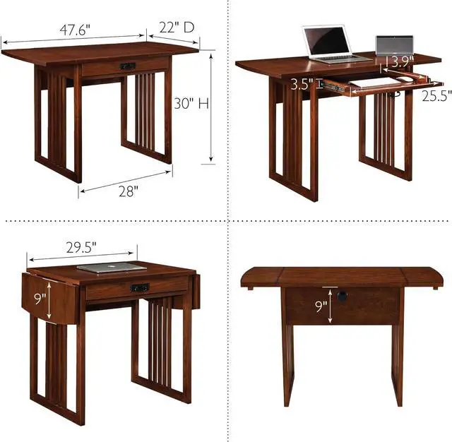 Alt view image 3 of 7 - Leick Home 82420 Mission Writing Computer Desk, Drop Leaf Folding Top, Made with Solid Wood, for Home Office Workstation, Mission Oak Finish