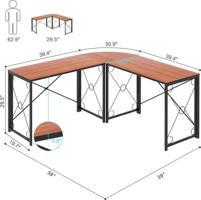 Alt view image 3 of 7 - VECELO 59"x59" L Shaped Desk for Computer Gaming Multi-Usage Long 2 Person Table for Home Office Sturdy Writing Workstation, Easy Assembly/Saving Space, Rustic Brown