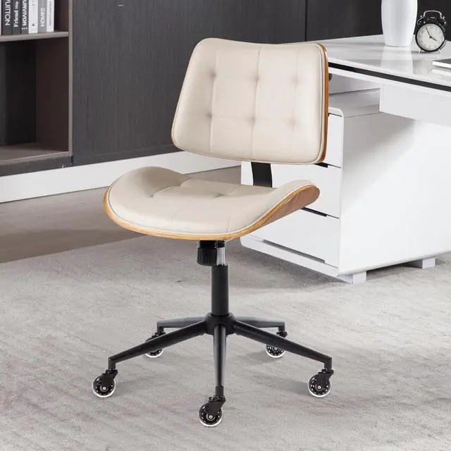 Main image of Home Office Desk Chair with Wheels, Adjustable Height Armless Office Chair, PU Leather Mid Back 360° Small Computer Chair, Modern Walnut Chair No Arms for Office, Reading Meeting Room(Beige)
