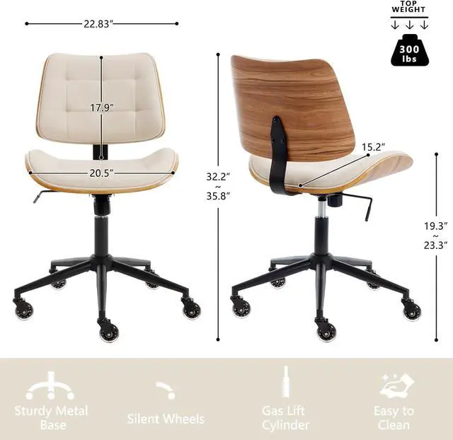 Alt view image 2 of 7 - Home Office Desk Chair with Wheels, Adjustable Height Armless Office Chair, PU Leather Mid Back 360° Small Computer Chair, Modern Walnut Chair No Arms for Office, Reading Meeting Room(Beige)