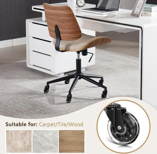 Alt view image 3 of 7 - Home Office Desk Chair with Wheels, Adjustable Height Armless Office Chair, PU Leather Mid Back 360° Small Computer Chair, Modern Walnut Chair No Arms for Office, Reading Meeting Room(Beige)