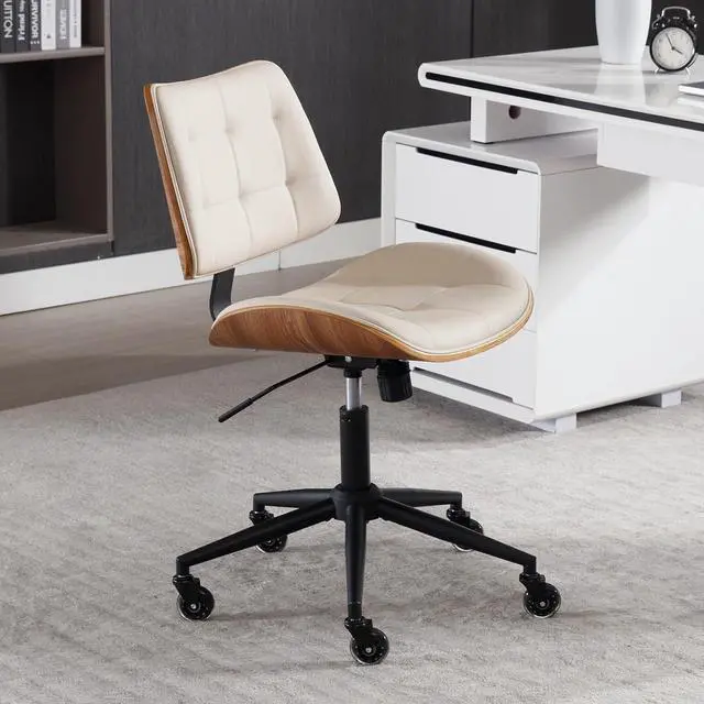 Alt view image 4 of 7 - Home Office Desk Chair with Wheels, Adjustable Height Armless Office Chair, PU Leather Mid Back 360° Small Computer Chair, Modern Walnut Chair No Arms for Office, Reading Meeting Room(Beige)