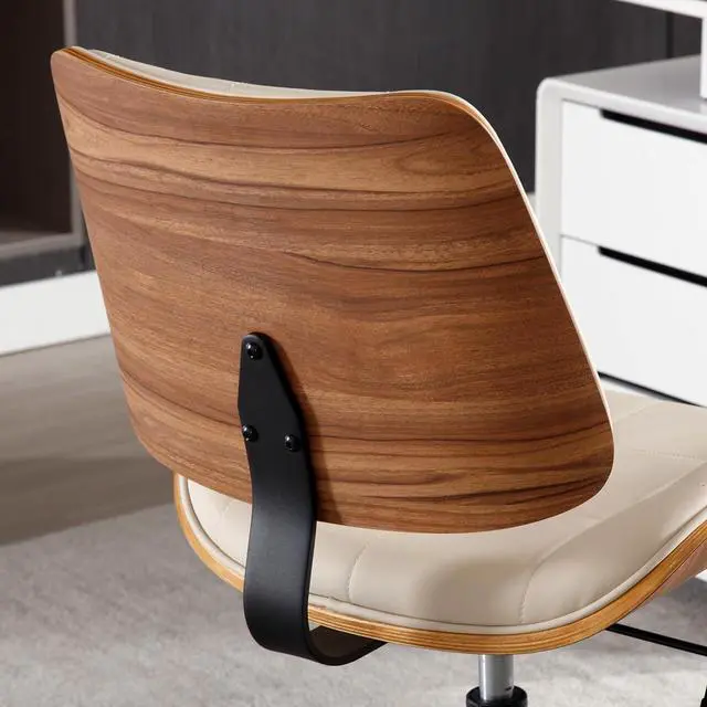 Alt view image 5 of 7 - Home Office Desk Chair with Wheels, Adjustable Height Armless Office Chair, PU Leather Mid Back 360° Small Computer Chair, Modern Walnut Chair No Arms for Office, Reading Meeting Room(Beige)