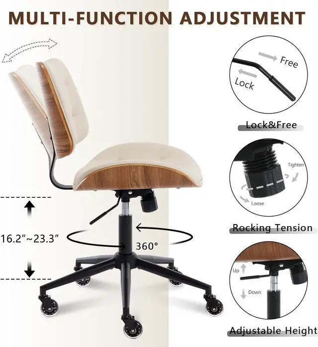 Alt view image 6 of 7 - Home Office Desk Chair with Wheels, Adjustable Height Armless Office Chair, PU Leather Mid Back 360° Small Computer Chair, Modern Walnut Chair No Arms for Office, Reading Meeting Room(Beige)