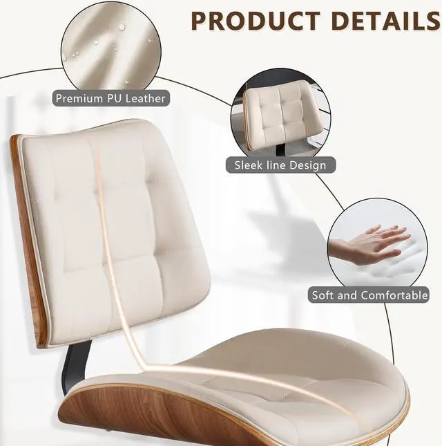 Alt view image 7 of 7 - Home Office Desk Chair with Wheels, Adjustable Height Armless Office Chair, PU Leather Mid Back 360° Small Computer Chair, Modern Walnut Chair No Arms for Office, Reading Meeting Room(Beige)