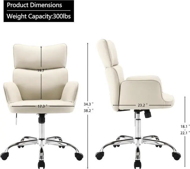 Alt view image 3 of 6 - Home Office Chair with Wheels, Adjustable Height Swivel Mid-Back Armchair Task Chair, Modern PU Leather Ergonomic Tilt Computer Desk Vanity Chair for Office, Study Room(PU Beige)