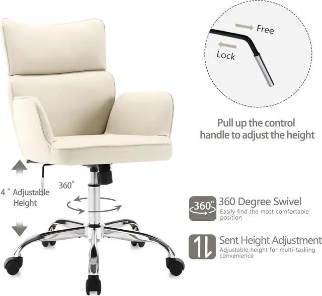 Alt view image 4 of 6 - Home Office Chair with Wheels, Adjustable Height Swivel Mid-Back Armchair Task Chair, Modern PU Leather Ergonomic Tilt Computer Desk Vanity Chair for Office, Study Room(PU Beige)