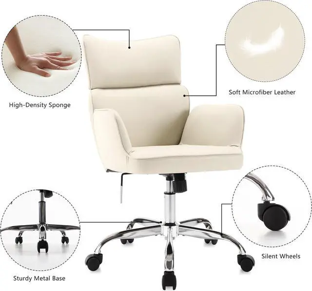 Alt view image 5 of 6 - Home Office Chair with Wheels, Adjustable Height Swivel Mid-Back Armchair Task Chair, Modern PU Leather Ergonomic Tilt Computer Desk Vanity Chair for Office, Study Room(PU Beige)