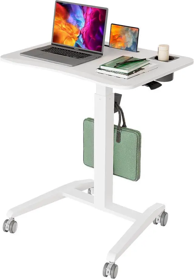 Main image of Mobile Standing Desk, Height Adjustable Rolling Laptop Desk, 27 inches Portable Sit Stand Desk with Wheels and Hook, Pneumatic Computer Table, White