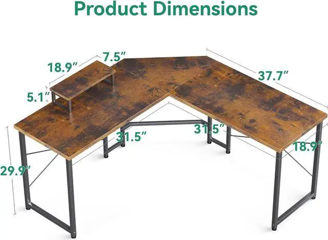 Alt view image 3 of 7 - AODK L Shaped Gaming Desk, Computer Corner Desk, PC Gaming Desk Table with Large Monitor Riser Stand for Home Office Sturdy Writing Workstation,51 * 19 inch,Vintage