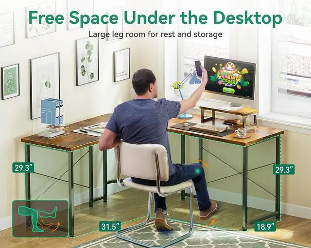 Alt view image 5 of 7 - AODK L Shaped Gaming Desk, Computer Corner Desk, PC Gaming Desk Table with Large Monitor Riser Stand for Home Office Sturdy Writing Workstation,51 * 19 inch,Vintage