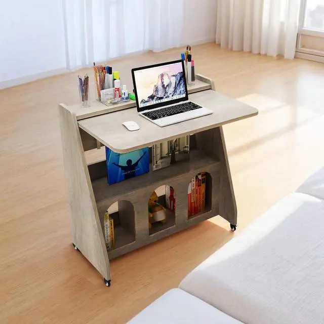 Alt view image 3 of 7 - Pmnianhua Portable Mobile Desk on Wheels,Mobile Workstation,Rolling Computer Desk with Wheels and Storage for Home Office Small Space (Grey)