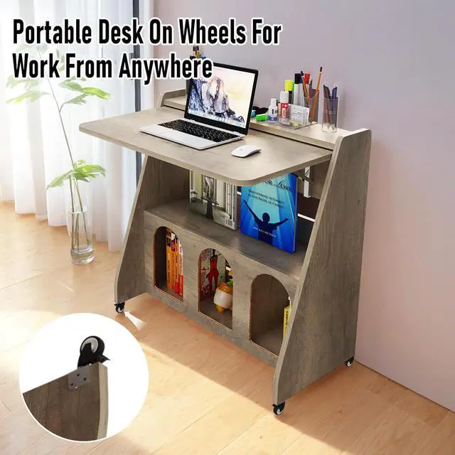 Alt view image 7 of 7 - Pmnianhua Portable Mobile Desk on Wheels,Mobile Workstation,Rolling Computer Desk with Wheels and Storage for Home Office Small Space (Grey)
