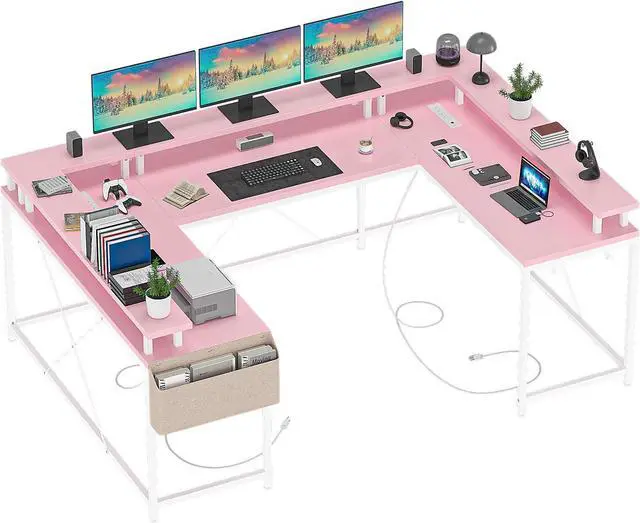Main image of Jojoka U Shaped Computer Gaming Desk, Reversible L Shaped Desk with Power Outlets, LED Strip & Monitor Stand, Large Corner Desk with Storage Shelves for Home Office,Deep Pink