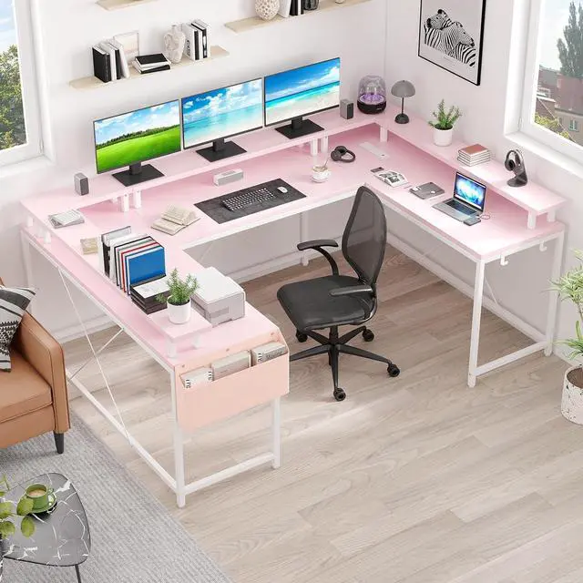 Alt view image 2 of 7 - Jojoka U Shaped Computer Gaming Desk, Reversible L Shaped Desk with Power Outlets, LED Strip & Monitor Stand, Large Corner Desk with Storage Shelves for Home Office,Deep Pink