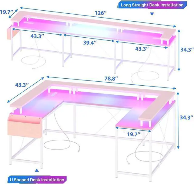 Alt view image 3 of 7 - Jojoka U Shaped Computer Gaming Desk, Reversible L Shaped Desk with Power Outlets, LED Strip & Monitor Stand, Large Corner Desk with Storage Shelves for Home Office,Deep Pink