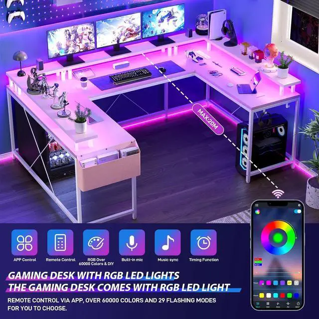 Alt view image 4 of 7 - Jojoka U Shaped Computer Gaming Desk, Reversible L Shaped Desk with Power Outlets, LED Strip & Monitor Stand, Large Corner Desk with Storage Shelves for Home Office,Deep Pink