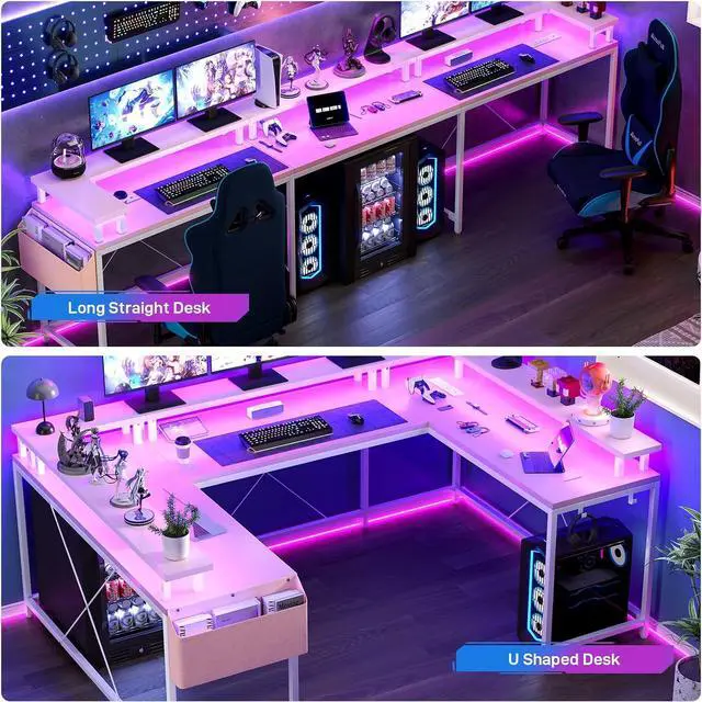 Alt view image 5 of 7 - Jojoka U Shaped Computer Gaming Desk, Reversible L Shaped Desk with Power Outlets, LED Strip & Monitor Stand, Large Corner Desk with Storage Shelves for Home Office,Deep Pink