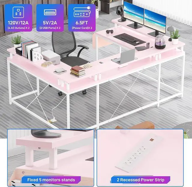 Alt view image 6 of 7 - Jojoka U Shaped Computer Gaming Desk, Reversible L Shaped Desk with Power Outlets, LED Strip & Monitor Stand, Large Corner Desk with Storage Shelves for Home Office,Deep Pink