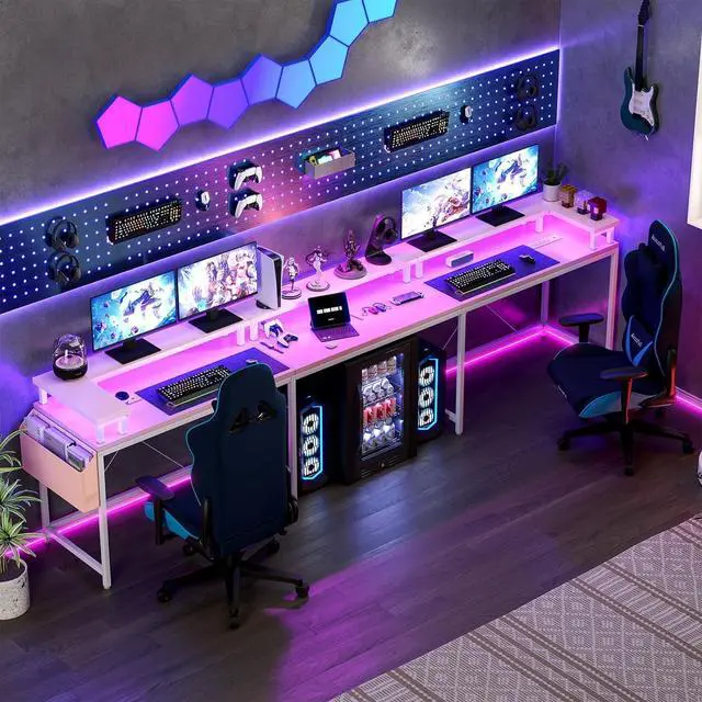Alt view image 7 of 7 - Jojoka U Shaped Computer Gaming Desk, Reversible L Shaped Desk with Power Outlets, LED Strip & Monitor Stand, Large Corner Desk with Storage Shelves for Home Office,Deep Pink
