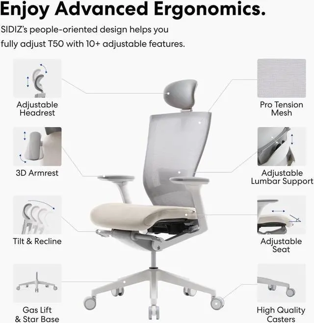 Alt view image 3 of 5 - SIDIZ T50 Ergonomic Home Office Chair : High Performance, Adjustable Headrest, 2-Way Lumbar Support, 3-Way Armrest, Forward Tilt, Adjustable Seat Depth, Ventilated Mesh Back, Cushion Seat (Beige)