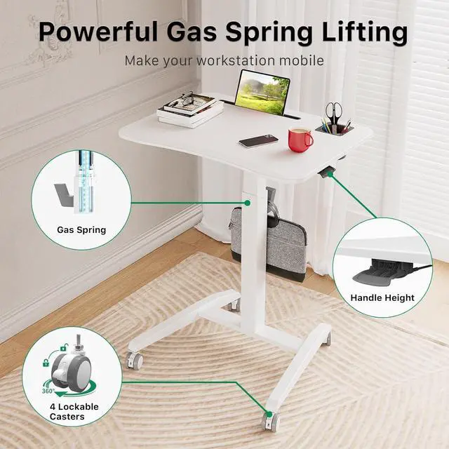 Alt view image 5 of 7 - Mobile Standing Desk, Height Adjustable Rolling Laptop Desk, 27 inches Portable Sit Stand Desk with Wheels and Hook, Pneumatic Computer Table, White