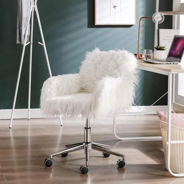 Main image of White Desk Chair with Wheels Cute Faux Fur Vanity Chair Height Adjustable Swivel Accent Chair Small Home Office Desk Chair with Chrome Base