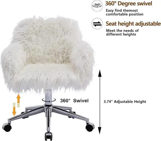 Alt view image 2 of 7 - White Desk Chair with Wheels Cute Faux Fur Vanity Chair Height Adjustable Swivel Accent Chair Small Home Office Desk Chair with Chrome Base