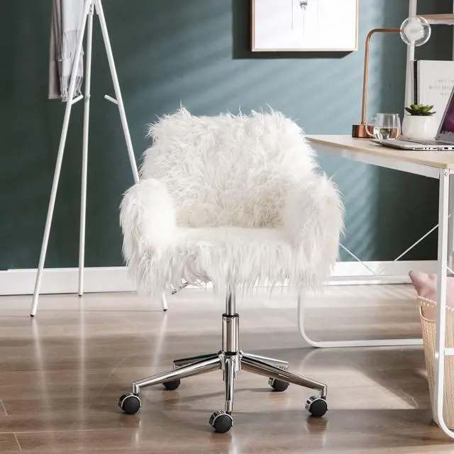 Alt view image 3 of 7 - White Desk Chair with Wheels Cute Faux Fur Vanity Chair Height Adjustable Swivel Accent Chair Small Home Office Desk Chair with Chrome Base