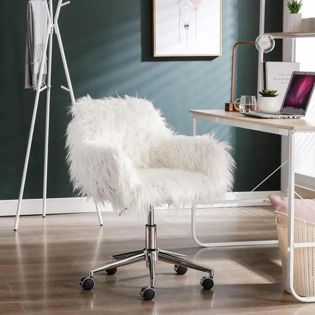 Alt view image 4 of 7 - White Desk Chair with Wheels Cute Faux Fur Vanity Chair Height Adjustable Swivel Accent Chair Small Home Office Desk Chair with Chrome Base
