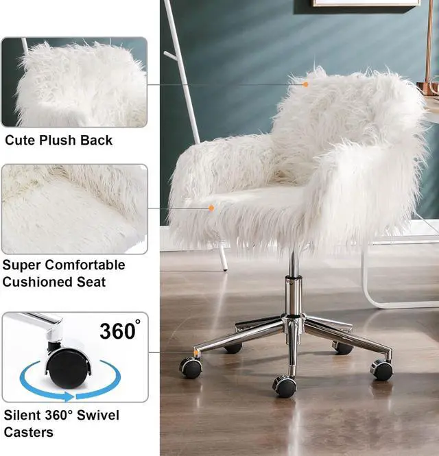 Alt view image 5 of 7 - White Desk Chair with Wheels Cute Faux Fur Vanity Chair Height Adjustable Swivel Accent Chair Small Home Office Desk Chair with Chrome Base