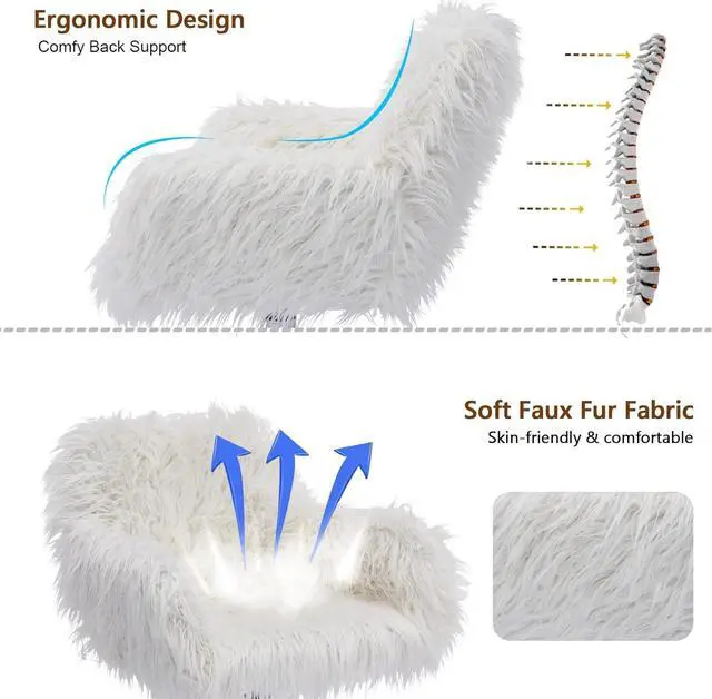 Alt view image 6 of 7 - White Desk Chair with Wheels Cute Faux Fur Vanity Chair Height Adjustable Swivel Accent Chair Small Home Office Desk Chair with Chrome Base
