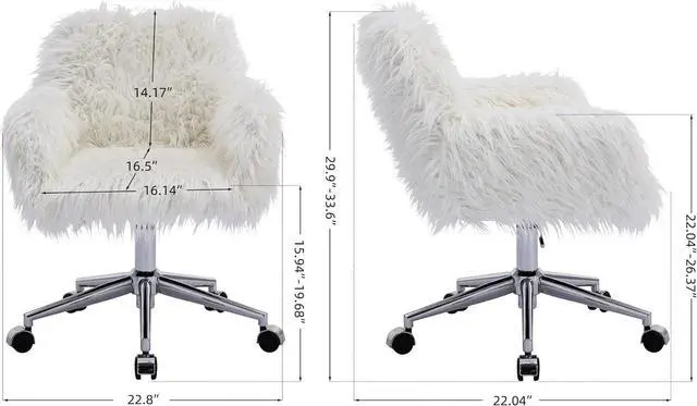 Alt view image 7 of 7 - White Desk Chair with Wheels Cute Faux Fur Vanity Chair Height Adjustable Swivel Accent Chair Small Home Office Desk Chair with Chrome Base