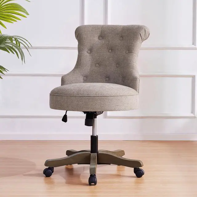 Alt view image 3 of 7 - Home Office Chair Adjustable Height Swivel Chair with Wheels Linen Fabric Upholstered Computer Desk Chair with Wooden Legs Comfortable Armless Chair for Home Office Study Studio(Khaki)