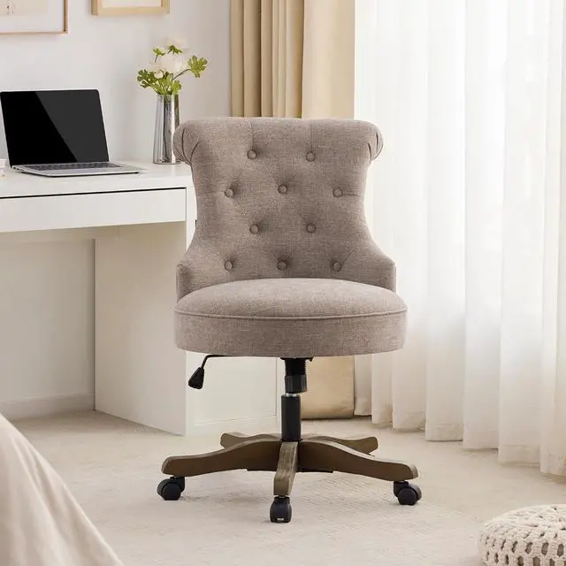 Main image of Home Office Chair Adjustable Height Swivel Chair with Wheels Linen Fabric Upholstered Computer Desk Chair with Wooden Legs Comfortable Armless Chair for Home Office Study Studio(Khaki)