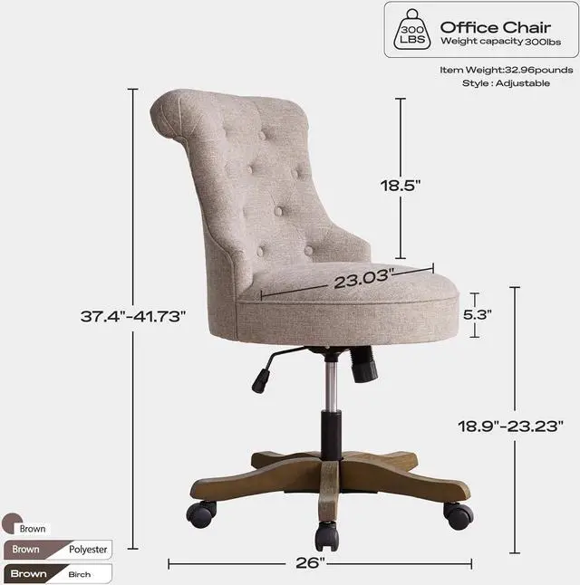 Alt view image 2 of 7 - Home Office Chair Adjustable Height Swivel Chair with Wheels Linen Fabric Upholstered Computer Desk Chair with Wooden Legs Comfortable Armless Chair for Home Office Study Studio(Khaki)