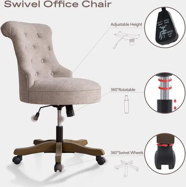 Alt view image 4 of 7 - Home Office Chair Adjustable Height Swivel Chair with Wheels Linen Fabric Upholstered Computer Desk Chair with Wooden Legs Comfortable Armless Chair for Home Office Study Studio(Khaki)