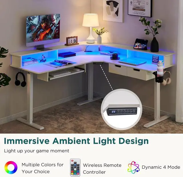 Alt view image 3 of 7 - RedLemon 60 Inches L Shaped Electric Standing Desk, Height Adjustable Corner Gaming Desk with Drawers, Keyboard Tray, Power Outlets & LED Lights, Comnputer Desk with Monitor Shelf, Antique White
