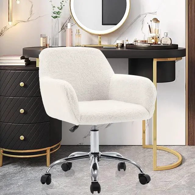 Alt view image 2 of 7 - HomVent Faux Fur Vanity Chairs with Wheels White Furry Makup Desk Chair for Kids,Women,Grils,Cute Home Office Computer Chair,Swivel Task Arm Chairs for Bedrooms,Living Room,Study,Dressing