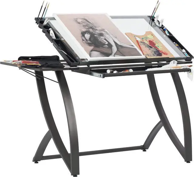 Main image of SD STUDIO DESIGNS Futura Luxe Drawing, Drafting, Craft Table with Drawer, 35" Wide Angle Adjustable Top and Side Shelf, Pewter Grey/Clear Glass