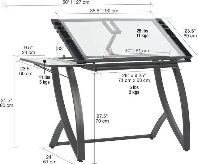 Alt view image 3 of 7 - SD STUDIO DESIGNS Futura Luxe Drawing, Drafting, Craft Table with Drawer, 35" Wide Angle Adjustable Top and Side Shelf, Pewter Grey/Clear Glass