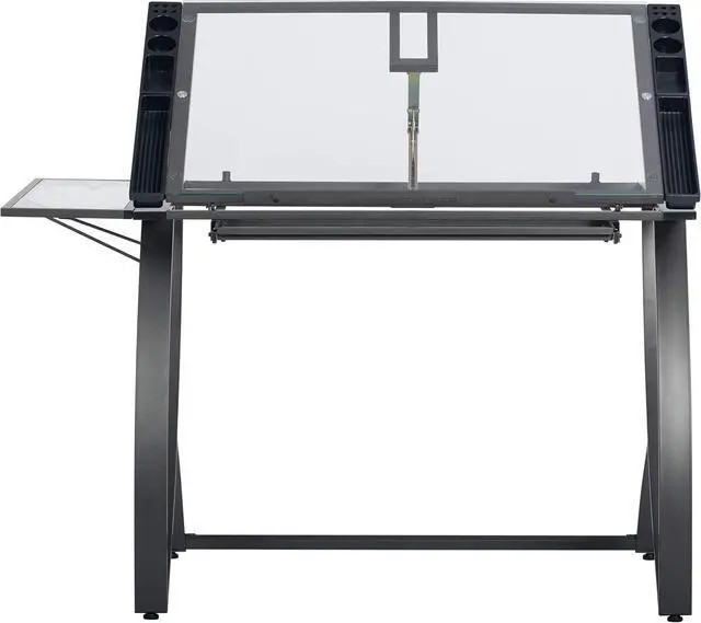 Alt view image 4 of 7 - SD STUDIO DESIGNS Futura Luxe Drawing, Drafting, Craft Table with Drawer, 35" Wide Angle Adjustable Top and Side Shelf, Pewter Grey/Clear Glass
