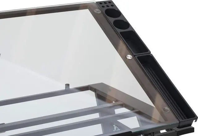 Alt view image 5 of 7 - SD STUDIO DESIGNS Futura Luxe Drawing, Drafting, Craft Table with Drawer, 35" Wide Angle Adjustable Top and Side Shelf, Pewter Grey/Clear Glass