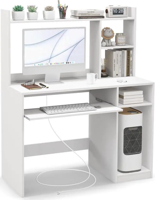 Main image of White Computer Desk with Hutch, Wood PC Desk w/Power Outlet, Keyboard Tray and CPU Stand, Modern Writing Desk with Bookshelf, Student Desk for Bedroom, Simple Work Desk for Home Office